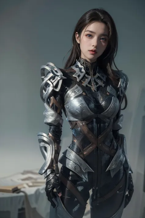 a woman in armor poses for a photo in a studio