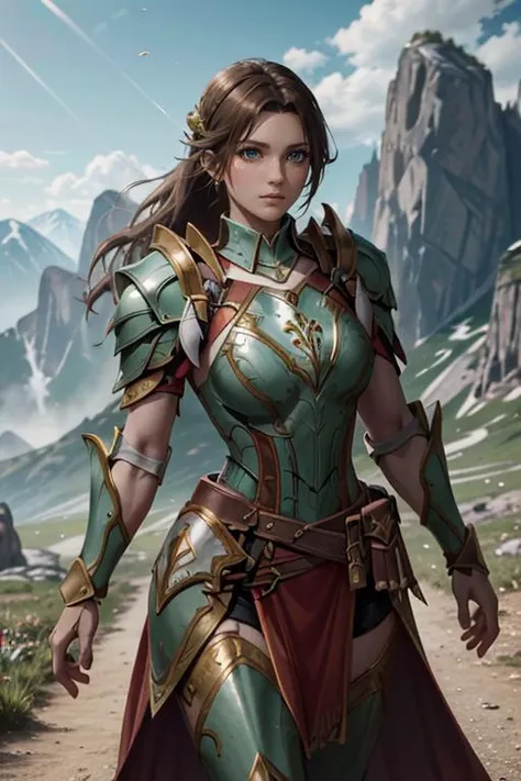 a woman in armor walking on a path in the mountains