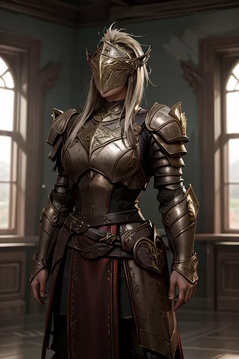 a woman in armor standing in a room with windows