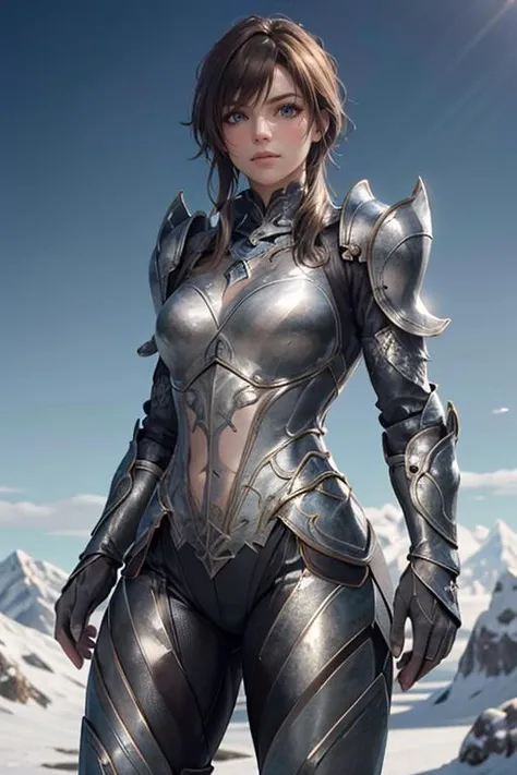 a woman in armor standing on a snowy surface