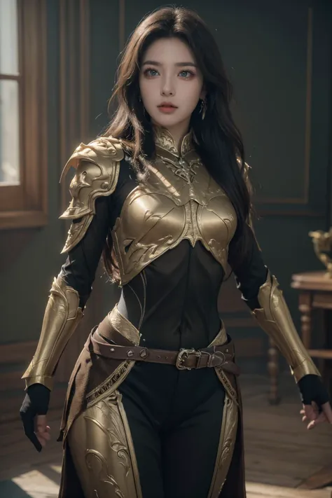 a woman in a gold outfit standing in a room