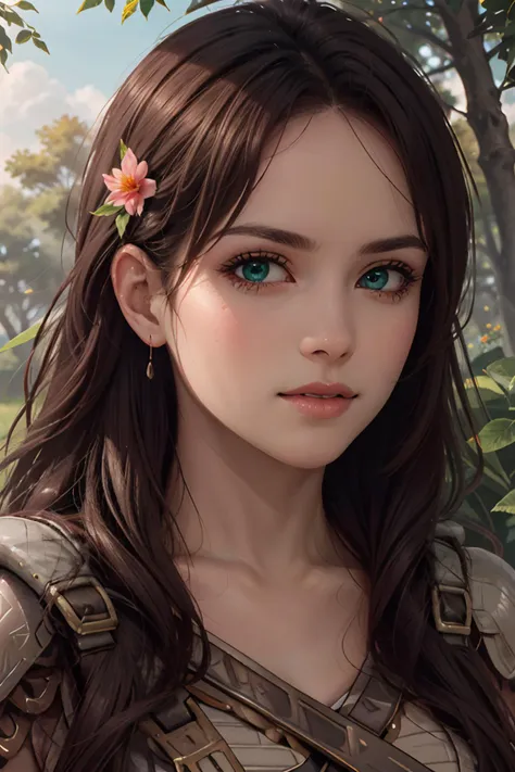 beautiful charming girl, sunny day in a fantasy ultra realistic highly detailed meadow with (realistic detailed colorful trees and flowers:1.6), (detailed green armor:1.6) (((masterpiece))), (((best quality))), 8k, epiCPhoto OverallDetail  <lora:HXarmour_0...