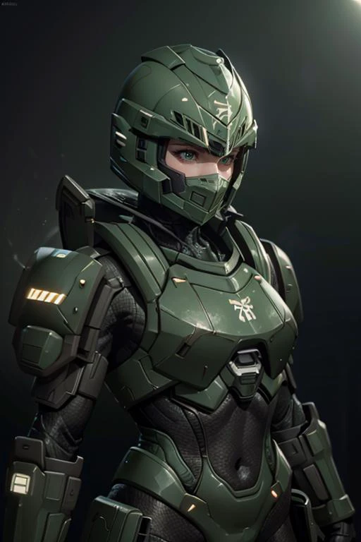 a close up of a person in a green suit with a helmet