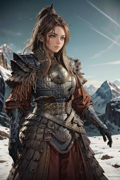 a woman in armor standing in the snow with mountains in the background