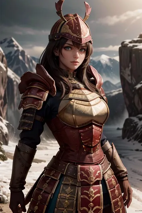 a woman in armor standing in front of a mountain