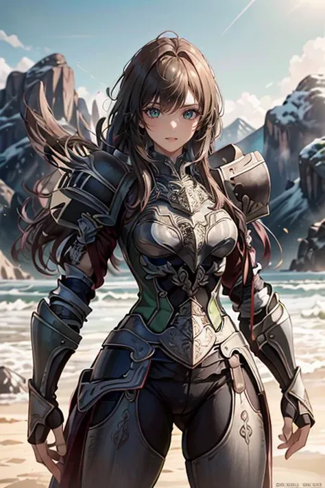 a woman in armor standing on a beach next to the ocean