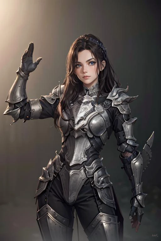 a woman in armor holding a sword and a sword