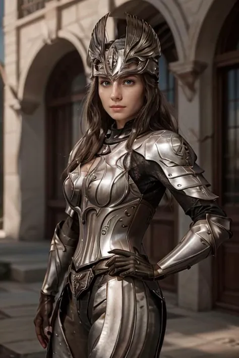 a woman in armor poses for a photo in front of a building