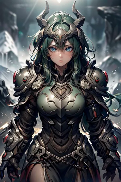 a woman in armor with horns and armor on her shoulders