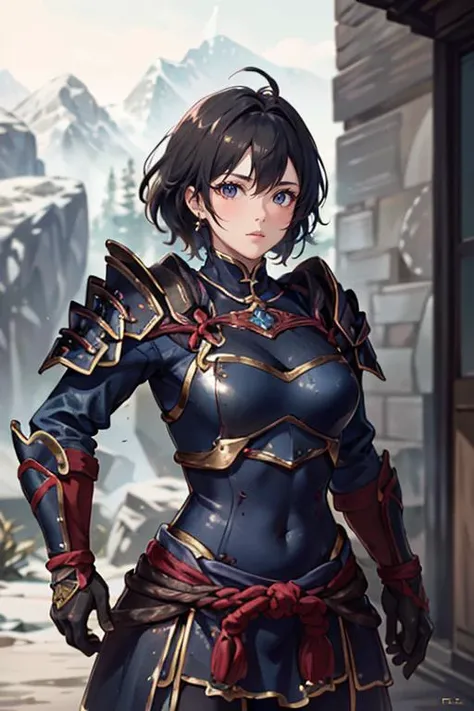 a woman in armor standing in front of a mountain