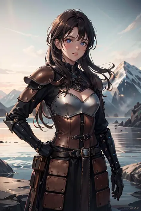 a woman in armor standing on a rocky shore next to a body of water