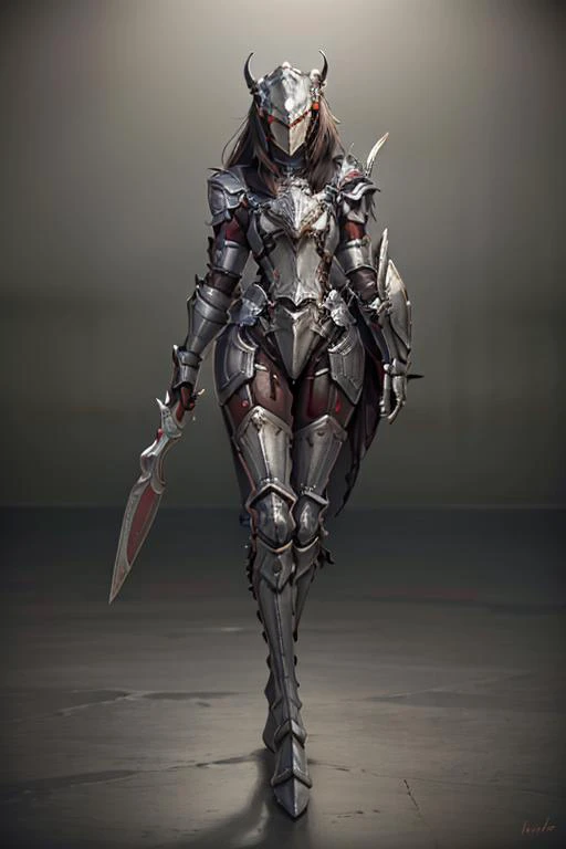 a woman in armor with a sword and armor on