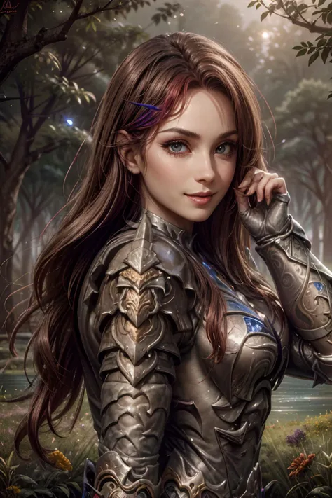 (beautiful charming girl:1.8), afternoon in a fantasy ultra realistic highly extremely detailed enchanted ((colorful meadow:1.8)) with (highly realistic very detailed colorful trees, plants and glowing flowers:2.2,((glowing colorful butterflies:0.8)),(crys...