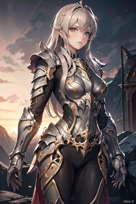 a woman in armor standing in front of a mountain