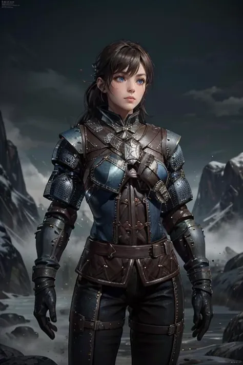 a woman in armor standing in front of a mountain