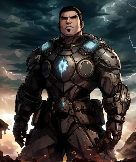 a close up of a man in armor standing in front of a storm