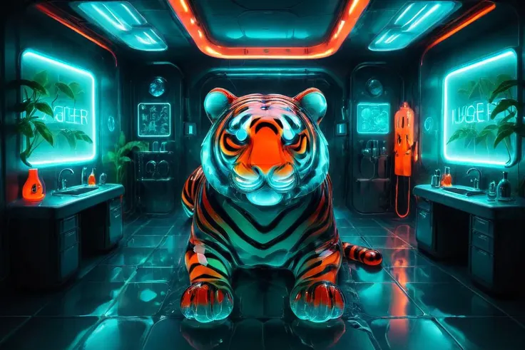 wet translucent tiger, orange and neon color theme, glowing, dripping, elaborate classy science fiction room in the jungle <lora:je11y:0.85>  <lora:PAseer-SDXL-ScienceRoomV1:0.8>