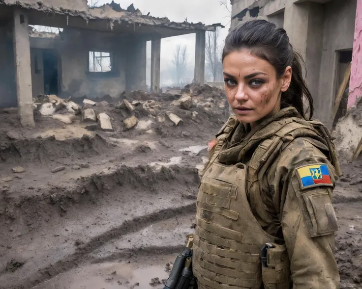 mila_kunis, ukrainian military veteran, making victory gesture, victory sign, ((camouflage face paint, camouflage outfit, dirty, covered in mudd)), ukrainian flag in background, exhausted smile, ((hiding)) in a destroyed building, muscular body,  (dystopia...