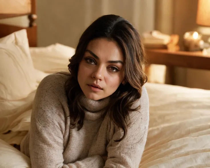 mila_kunis,<lora:MilaKunisXL:1>, long hair, turtleneck sweater, jeans, lying, indoors, pillow, bed, bed sheet, on bed, on side, piercing, ear piercing, realistic, hand on own head, bedroom, sheet grab, ((perfect eyes, detailed eyes,realistic eyes)), ((shar...