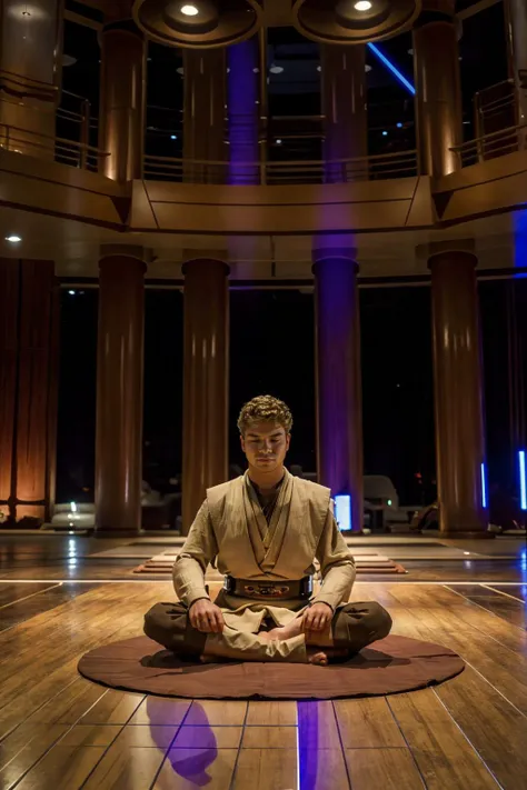 arafed man sitting on a wooden floor in a large room