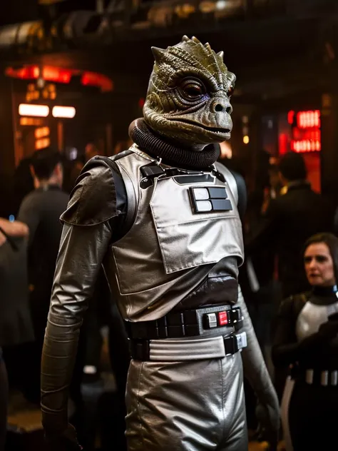 trandoshan alien, muscular, brown jumpsuit, collar, black armor. <lora:Trandoshan:0.8> in a Star Wars crowded low life cantina. dark smokey atmosphere.<lora:star_wars_offset:1>. looking at the camera. bokeh.