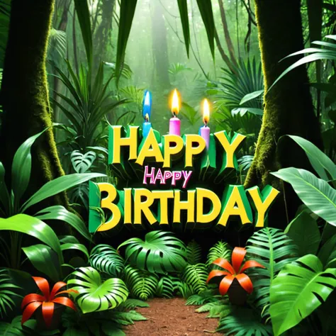 ("HAPPY BIRTHDAY":1.2) text in a jungle <lora:Text Logo:0.8>