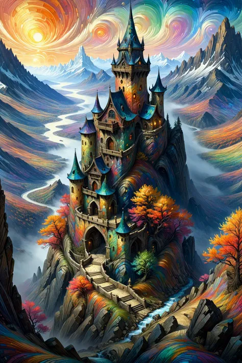 a painting of a castle in the mountains with a rainbow swirl