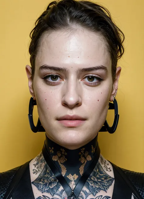 a close up of a woman with a neck tie and tattoos