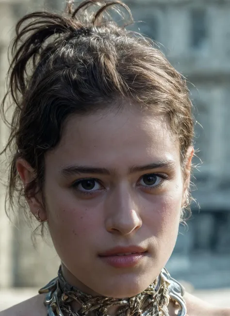 a close up of a woman with a necklace on her neck