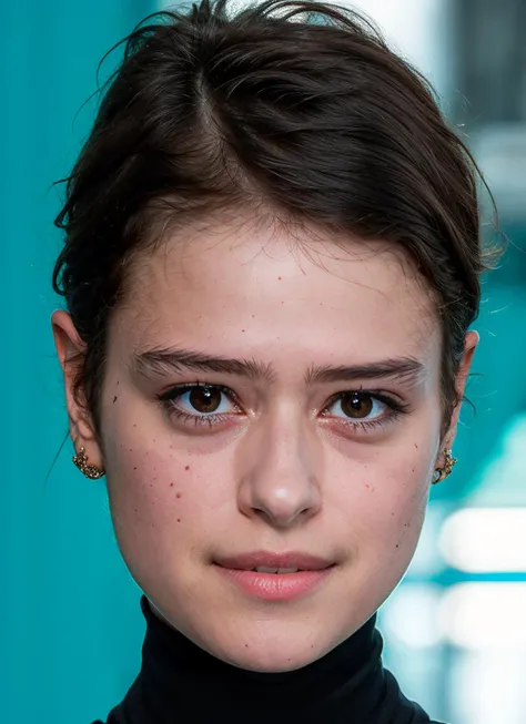 a close up of a woman with a black turtle neck top