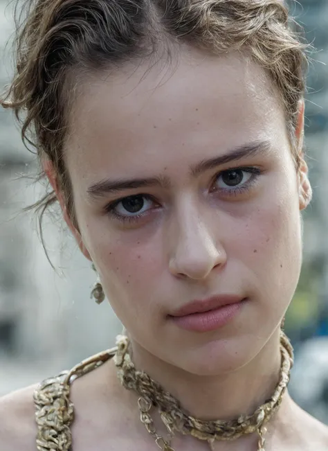 a close up of a woman with a necklace on her neck