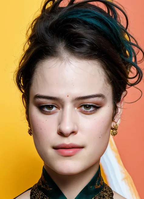 a close up of a woman with a green tie and a yellow background