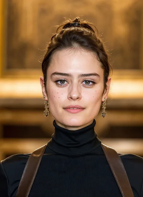 a woman with a black turtle neck top and brown suspenders