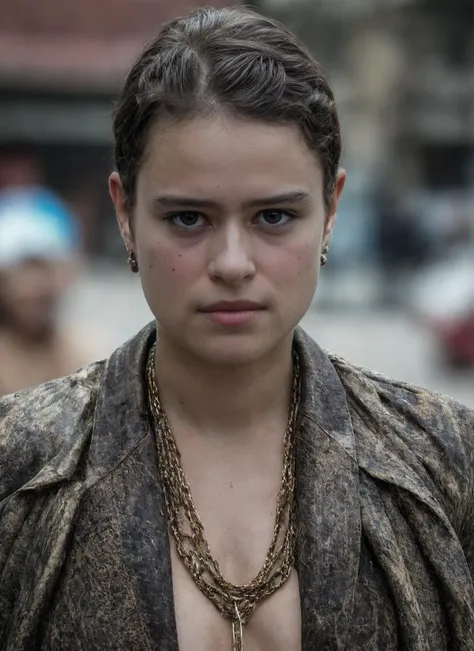 a close up of a woman with a necklace and a necklace on