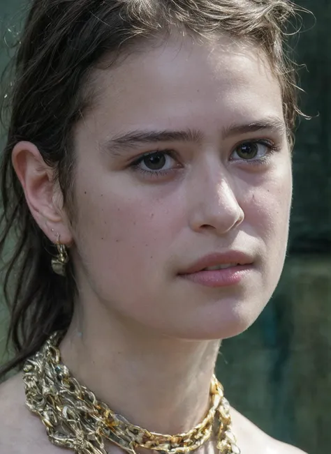 a close up of a woman with a necklace on her neck