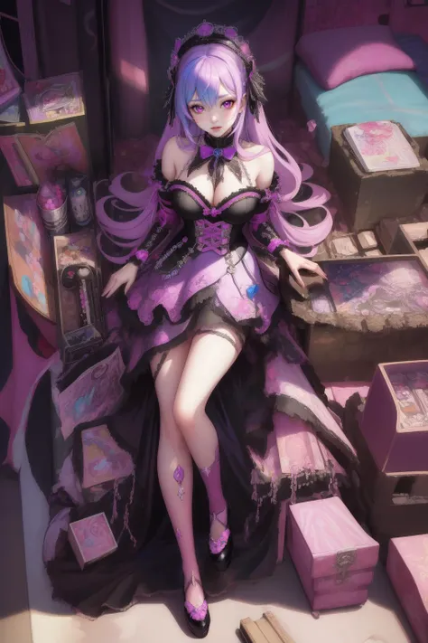 anime girl sitting on a pile of boxes with a purple dress