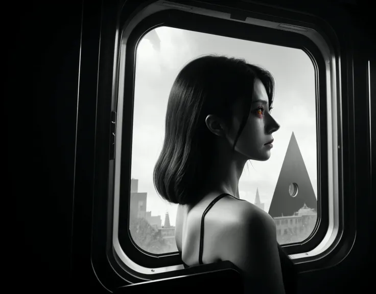 three cornered window, back of head shot of (woman looking out of triangle window:1.1), 3rd person, Looking out the triangular window of a (train:1.1) with triangular windows, triangular windows and triangular, wheels,  in a fantasy world, 
psychedelic, ge...