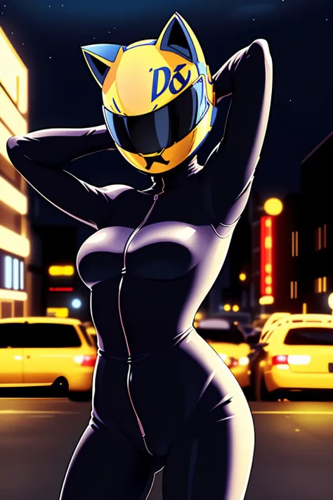 1girl,solo,breasts,medium breasts,celty sturluson,animal ears,cat ears,bodysuit,helmet,ground vehicle,skin tight,black bodysuit,(motorcycle helmet:1.3),outdoors,city,cityscape,night,night sky,(arm behind head:1.3),standing,(cowboy shot:1.4),<lora:celty stu...