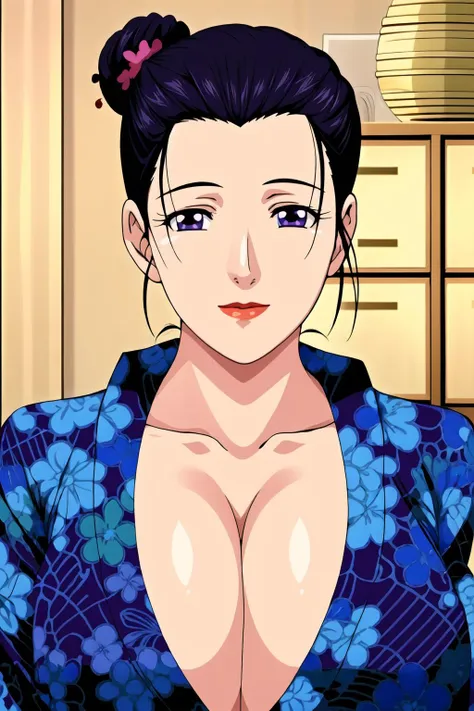 a cartoon image of a woman with a big breast and a blue shirt