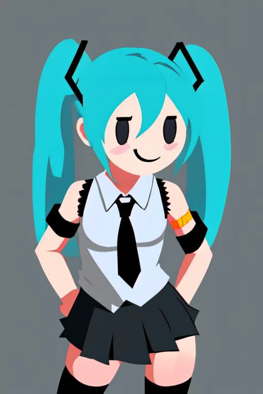 simple background, flat color, no lineart, chibi, solo, 1girl, hatsune miku, smile, hands on hips, twintails, sleeveless shirt, necktie, detached sleeves, skirt, black thighhighs <lora:style_helltakerchibi-000010:1>