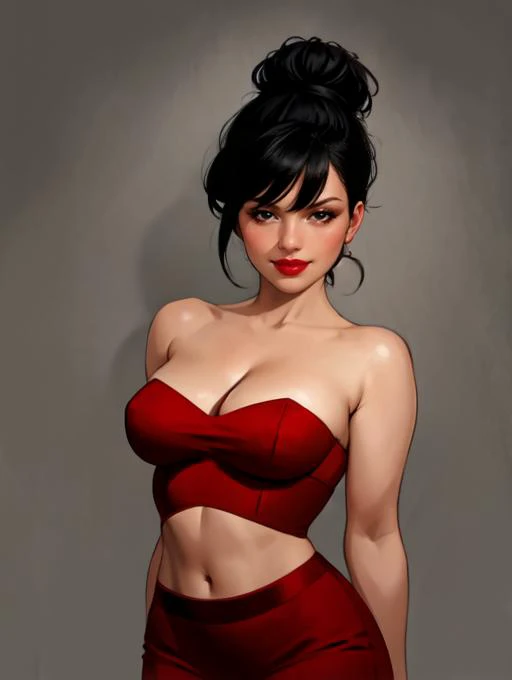 <lora:LonetteCW_v01:0.8>,lonettecw,1girl,solo,black_hair,hair_bun BREAK [SEP],
makeup,red_lipstick BREAK [SEP],
red_dress,red_striped_blouse BREAK [SEP],
deep_plunging_cleavage,revealing_bustier,covered_nipples,midriff,navel_cutout BREAK [SEP],
(revealed_c...