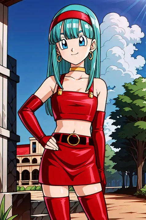 <lora:braGT-000007:0.6>, masterpiece, 
bulla, red leather crop top, red leather skirt, red thigh boots, red elbow gloves,
city, sunlight, blue sky
