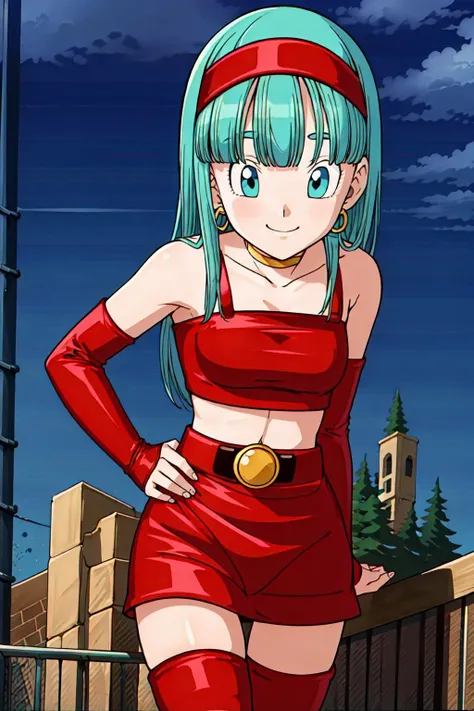 <lora:Bulla:0.6>, bulla, aqua hair, blue eyes, long hair, tube top, skirt, belt, thigh high boots photo, smile, high quality, hairband, earrings, gloves, jewelry, 
city, street, buildings, night sky, star \(sky\),