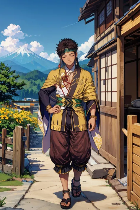 masterpiece, best quality,   <lora:ClaudeFE3H-FEH-bsinky-v1:0.9> golClaude, jewelry, japanese clothes, bracelet, headband, sandals, male focus, looking at viewer, japanese architecture, mountain, smile, closed eyes