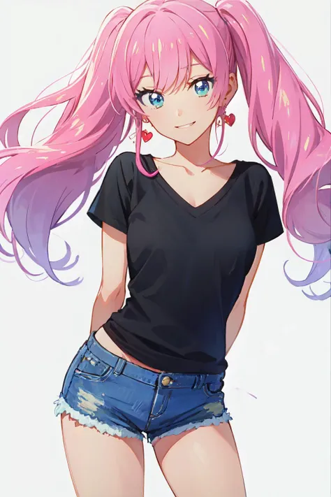 <lora:akari_watanabe:1>akari watanabe, long hair, solo, blue eyes,t-shirt, twintails, pink hair,  looking at viewer, smile, earrings,  black shirt, white background, 1girl, jewelry , short shorts, shirt tucked in, arms behind back