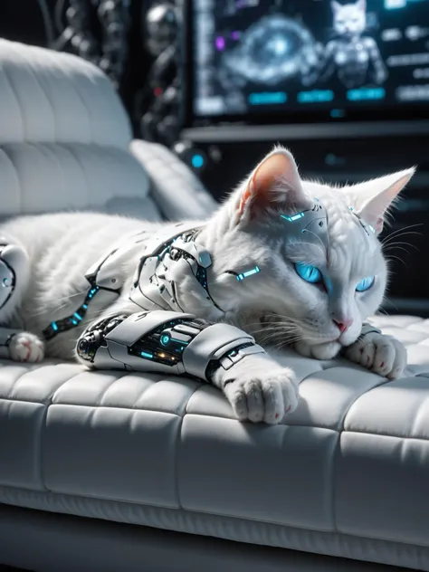 there is a cat that is laying on a couch with a robot arm