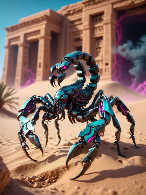 a close up of a scorpion in a desert with a building in the background