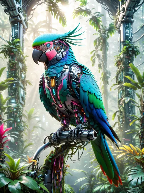 brightly colored parrot perched on branch in tropical setting with sunlight