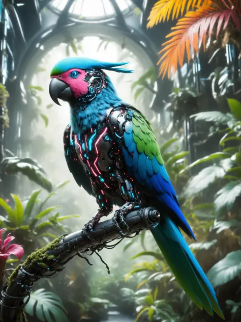 brightly colored parrot perched on branch in tropical setting with sunlight