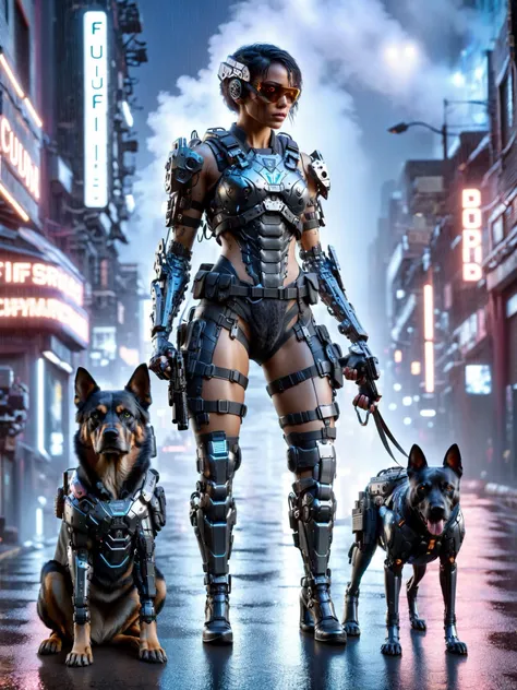 a woman in armor standing next to two dogs on a city street